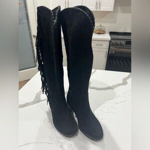 Black Fringe Knee-High Boots